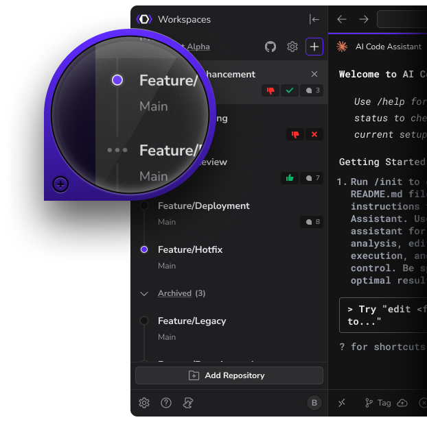 DevSwarm tracks each AI agent's progress across multiple branches