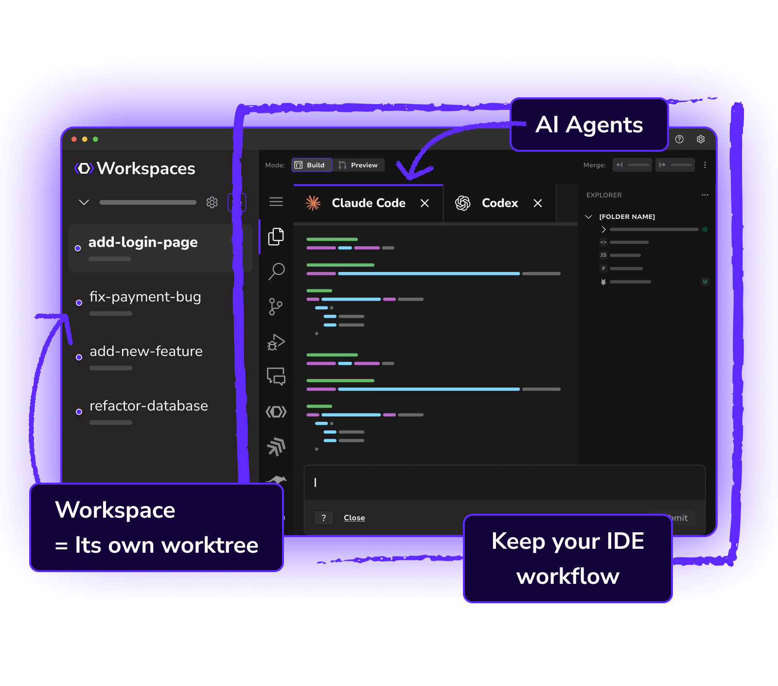 DevSwarm interface showing organized workspaces, AI agents, and IDE workflow